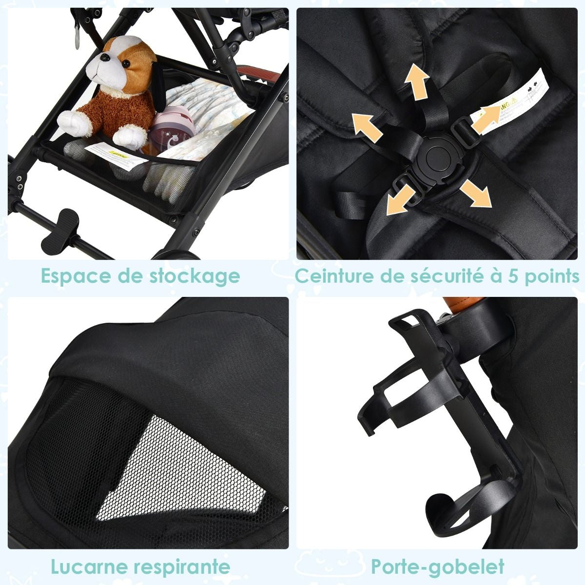 Poussette De Voyage Pour Bébé Avec Pare-Soleil Inclinable Porte-Gobelet Harnais 5 Points Dossier Réglable Chancelière Rangement Inférieur Gris/Noir