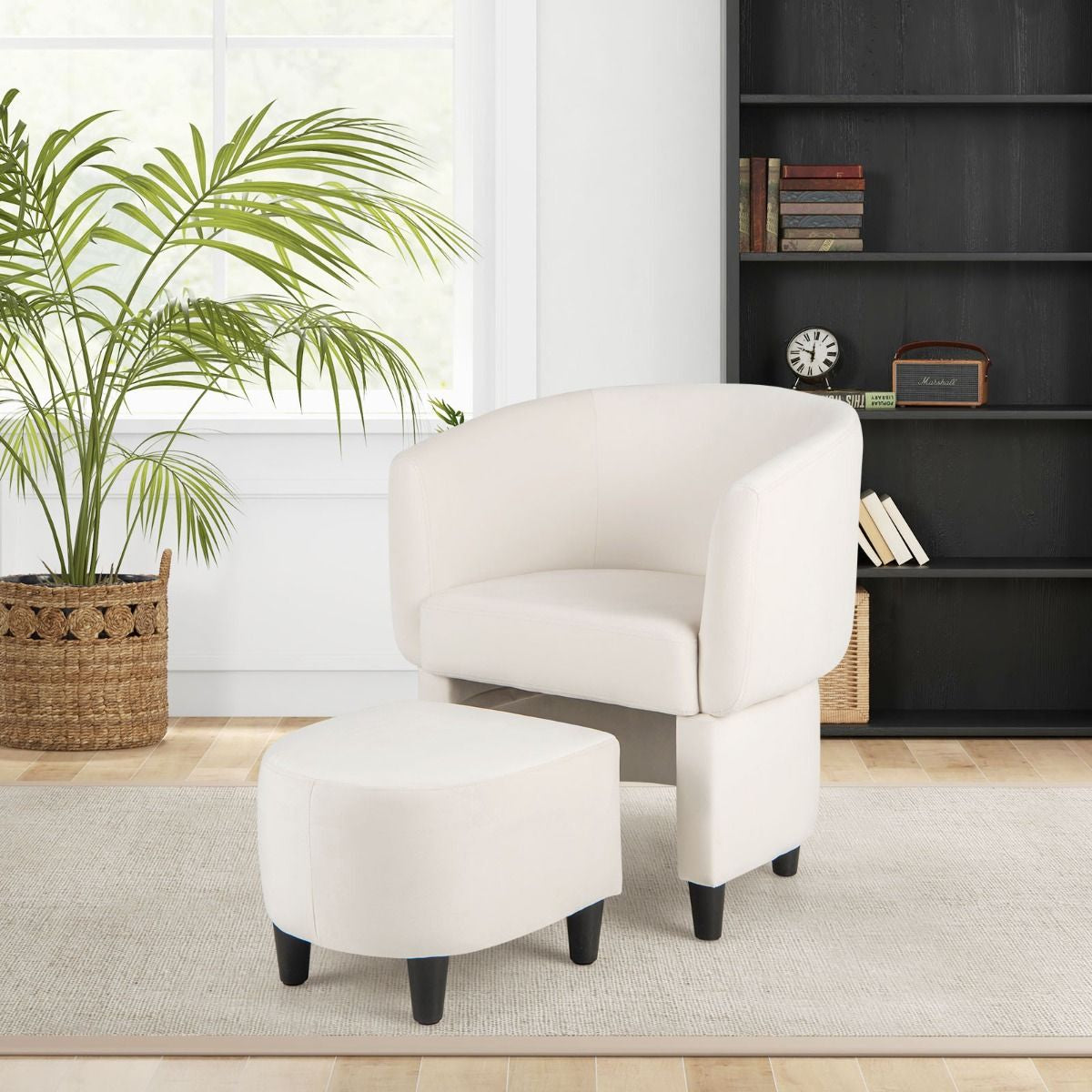 Fauteuil Tonneau Rembourré En Velours Avec Repose-Pieds Fauteuil D'Appoint Avec Pouf Cadre En Bois Massif Patins Beige/Gris