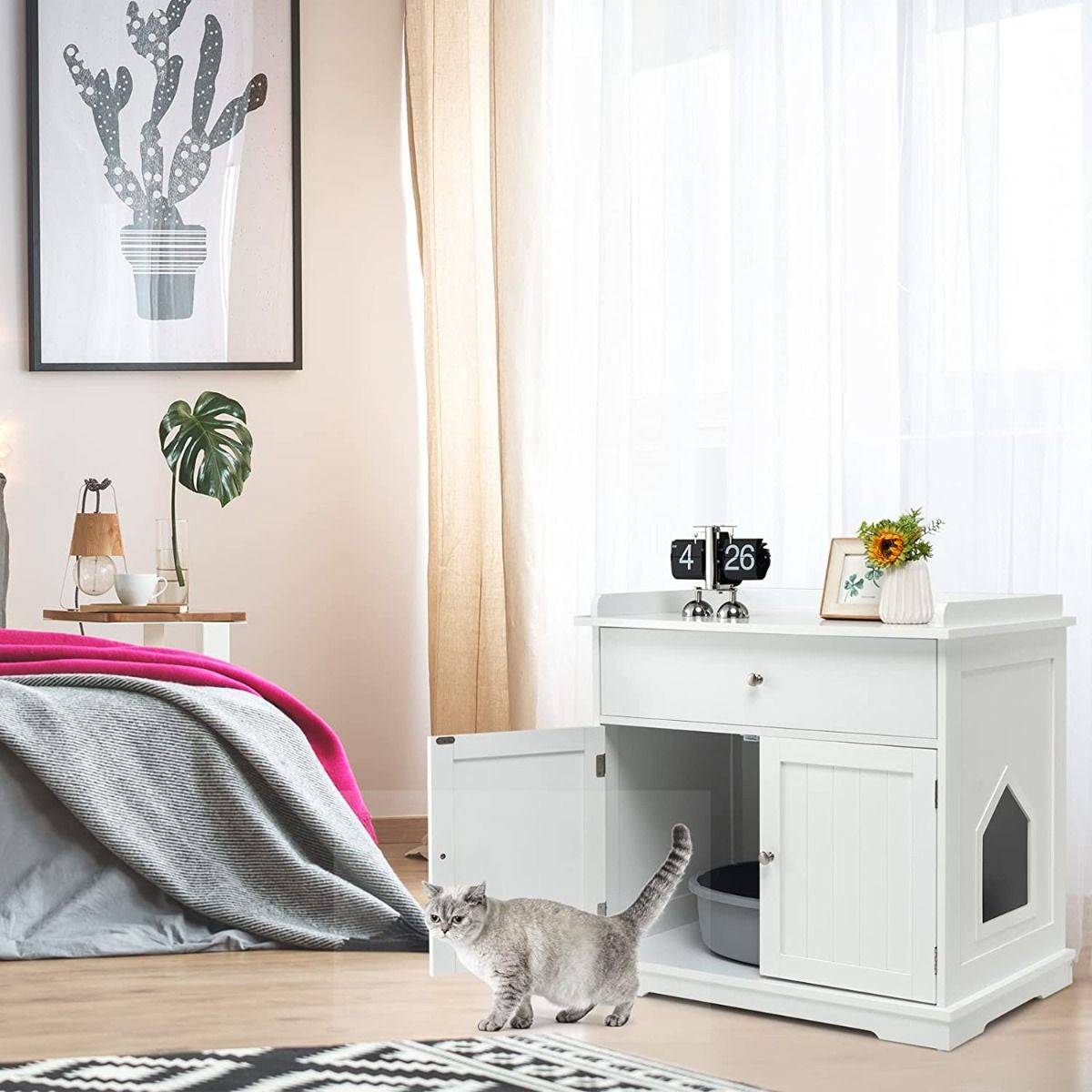 Enceinte De Bac À Litière Pour Chat Meubles De Toilette Cachés Pour Chat Avec Tiroir Et 2 Portes Table D'Appoint Pour Chat Blanc/Noir