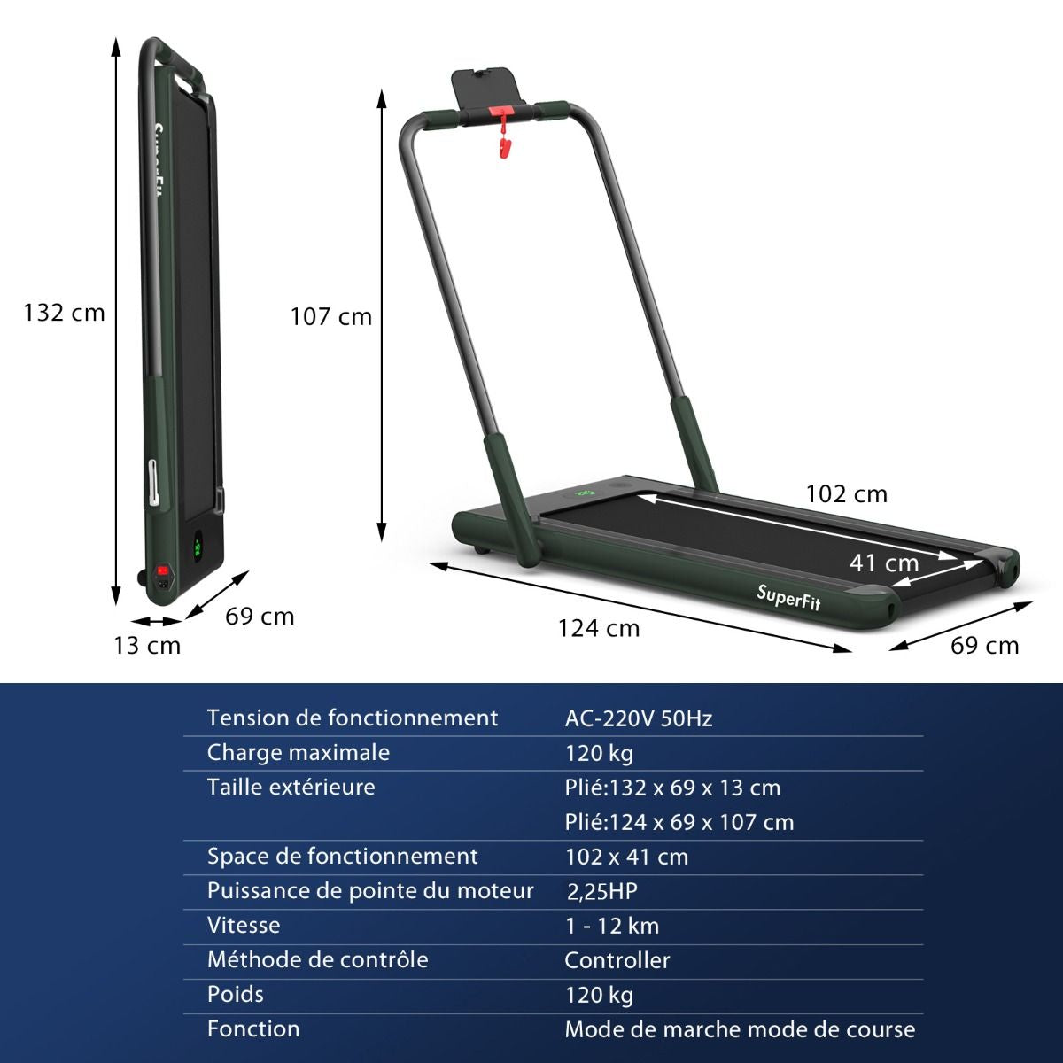 Tapis De Course Pliable 2 En 1 Tapis Roulant Électrique Motorisé 1-12 KM/H Avec Télécommande Écran LED 7 Couleurs Aux Choix