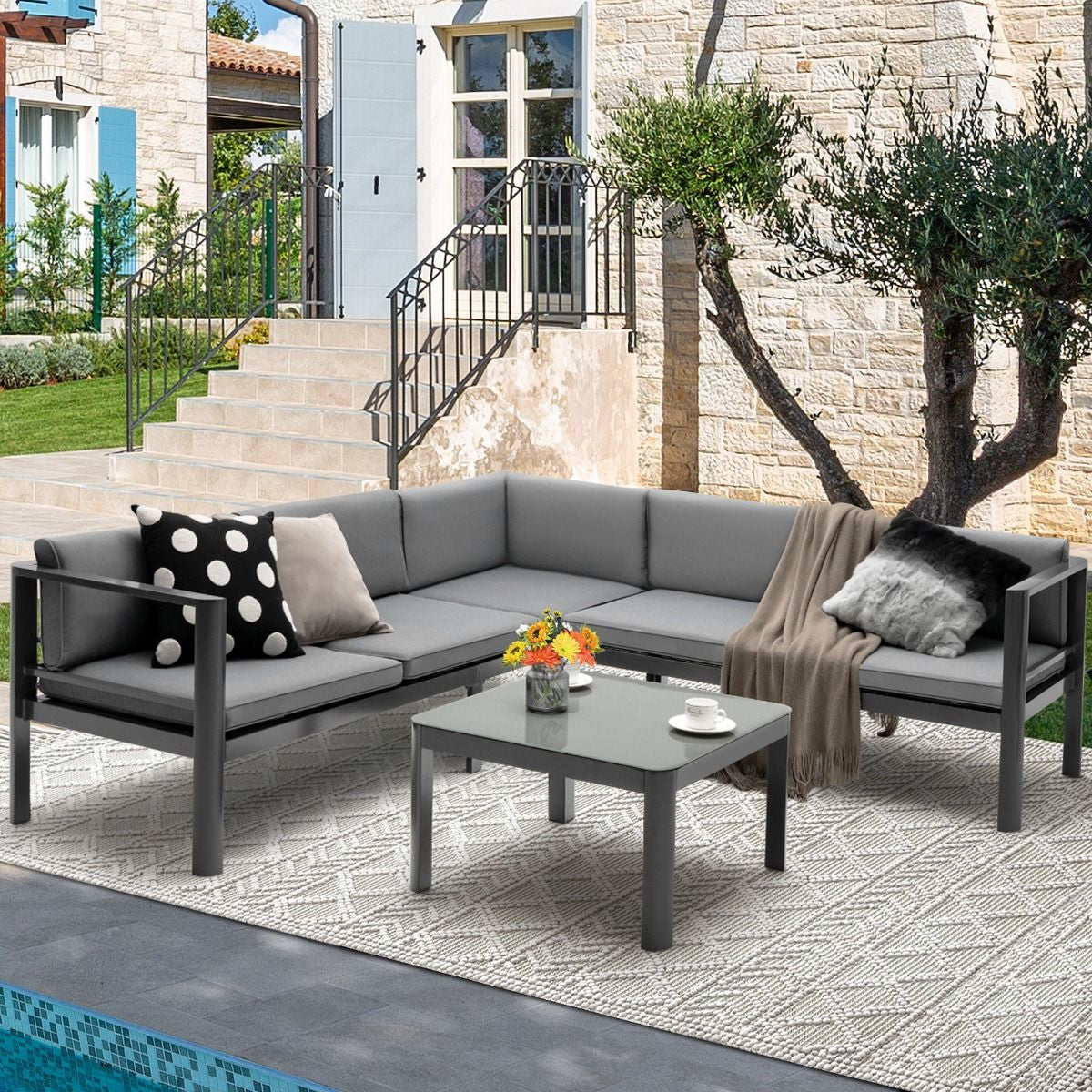 Salon De Jardin Extérieur Avec Table Basse En Verre Trempé Canapéavec Dossier Inclinable À 6 Niveaux Coussins Inclus Gris