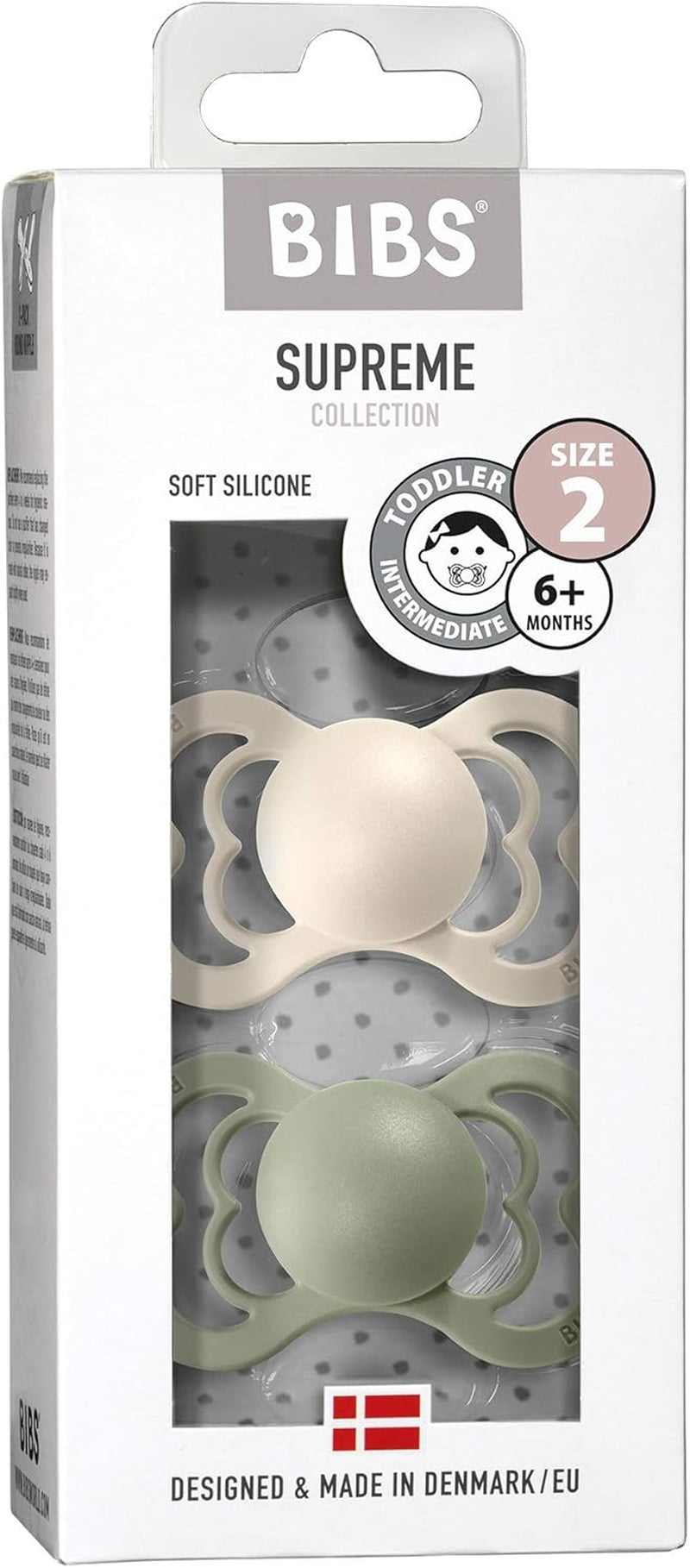 Tétine Supreme, Lot De 2, Silicone, Tétine Danoise De Forme Symétrique. Sans BPA. (Ivory/Sage, Taille 2 (À Partir De 6 Mois))
