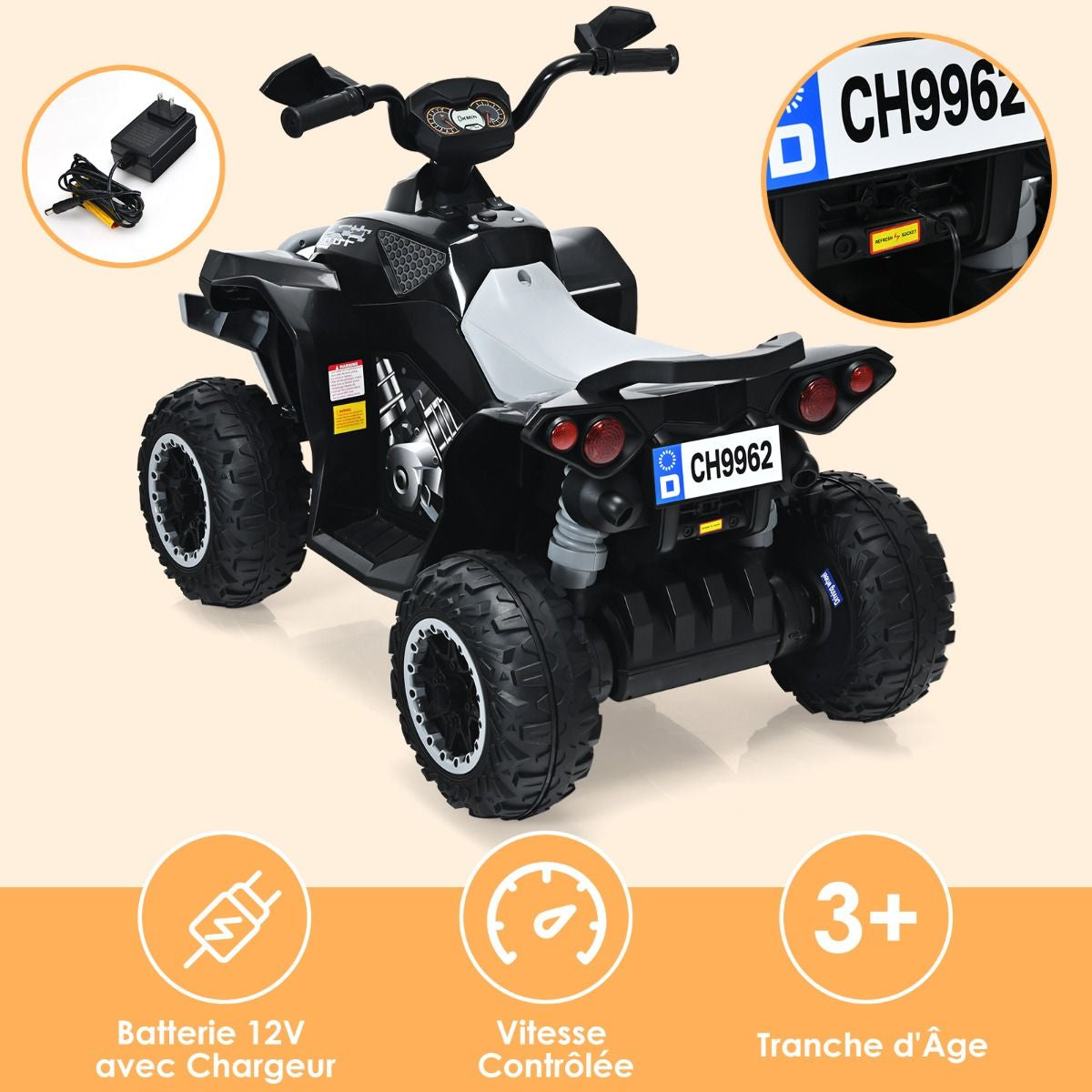 Quad Electrique Pour Enfants 12V7Ah LED Musique Pédale Klaxon 3-4 Km/H Pour Enfants De 3 À 8 Ans Rose/Bleu/Violet/Noir