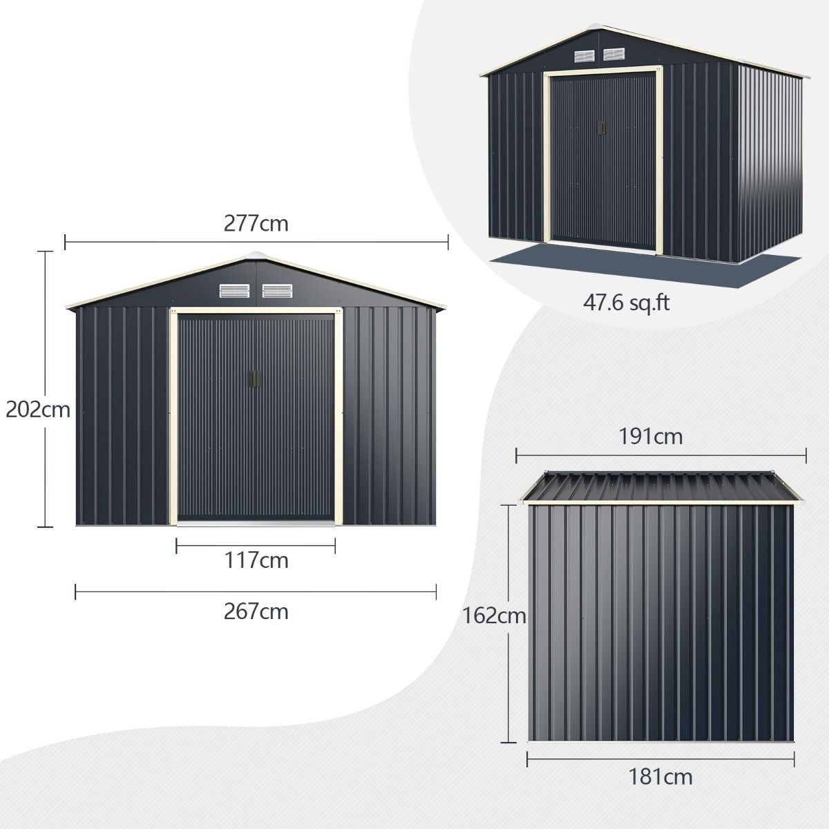 Abri De Jardin En Métal 5,29 ㎡277 X 191 X 202 Cm Avec 2 Portes Coulissantes Verrouillables 4 Trous D’Aération Gris Pour Vélo