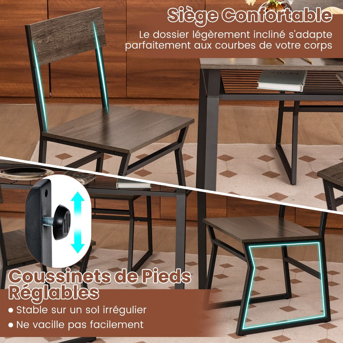 Ensemble De Table À Manger 5 Pièces Table De Cuisine Rectangulaire Industrielle Avec 4 Chaises Étagère De Rangement Cadre En Métal Ensemble Marron Rustique/Gris