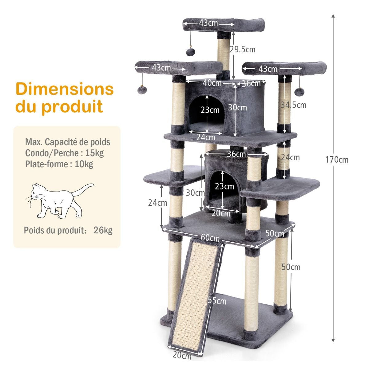Arbre À Chat Griffoir 60X50X170 Cm Avec Poteaux Planche À Gratter 3 Perchoirs En Peluche 2 Niches 3 Peluches Suspendues
