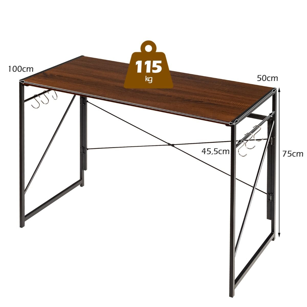 Bureau D'Ordinateur Pliant 100X50X75 Cm Table De Bureau Cadre En Métal 6 Crochets En Forme De S Style Industriel Capacité 115Kg Noir/Café/Marron