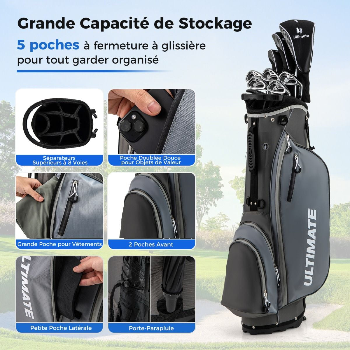 Ensemble De Clubs De Golf 9 Pièces Pour Débutant Avec Sac Trépied Conception Ergonomiqu En Métal Robuste Bleu/Gris/Noir