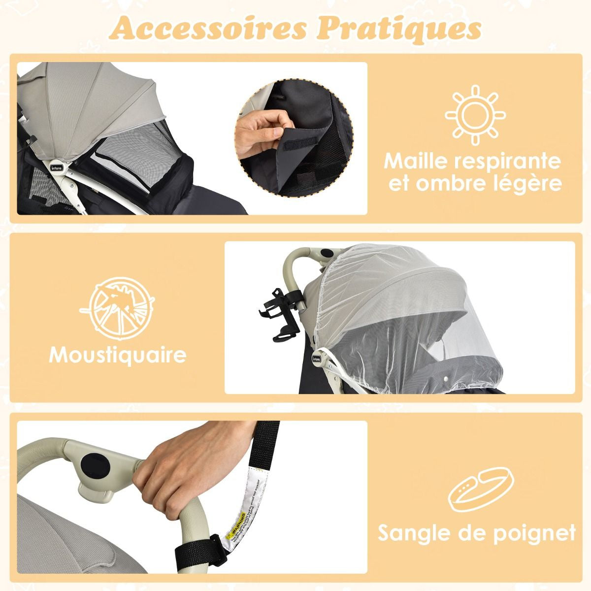 Poussette De Voyage Pour Bébé Avec Pare-Soleil Inclinable Porte-Gobelet Harnais 5 Points Dossier Réglable Chancelière Rangement Inférieur Gris/Noir