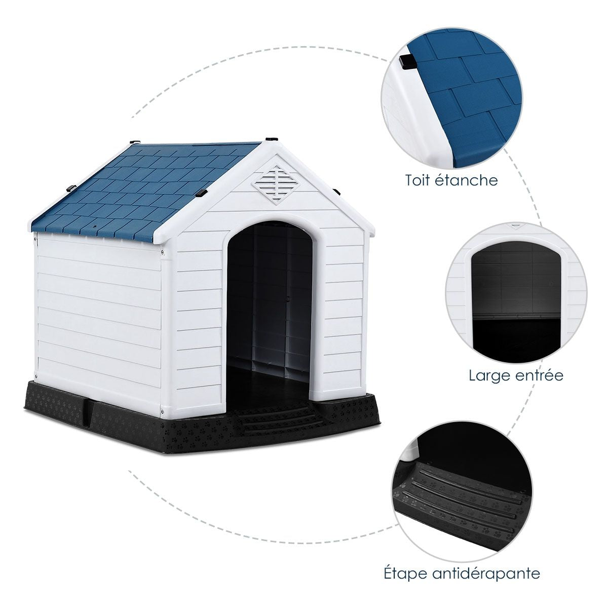 Niche Pour Chien En PP Avec Toit Bleu+Blanc Imperméable Et Ventilé-Bouche D’Aération Et Plancher Surélever 70X65X71,5Cm Taill S/M