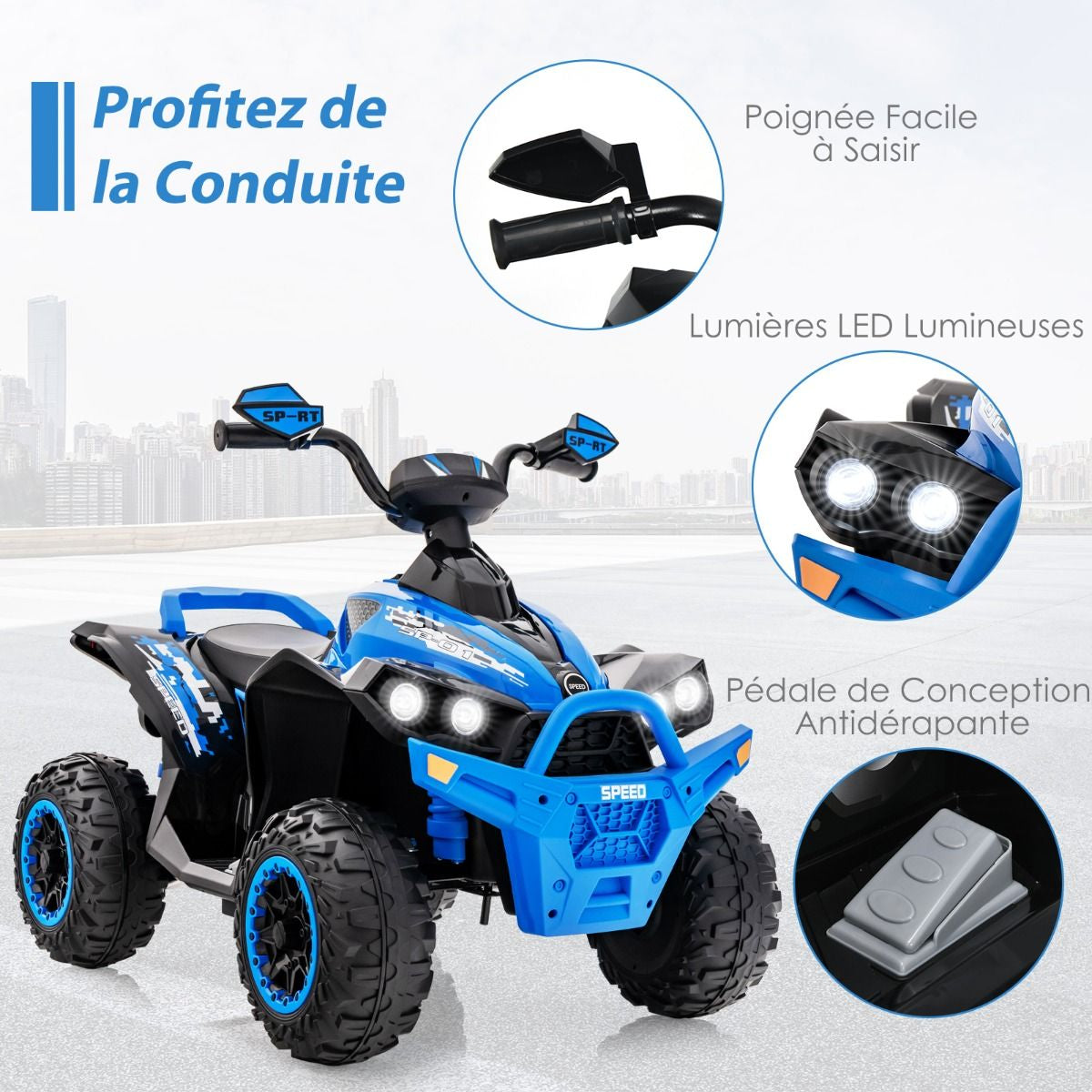 Quad Electrique Pour Enfants 12V7Ah LED Musique Pédale Klaxon 3-4 Km/H Pour Enfants De 3 À 8 Ans Rose/Bleu/Violet/Noir