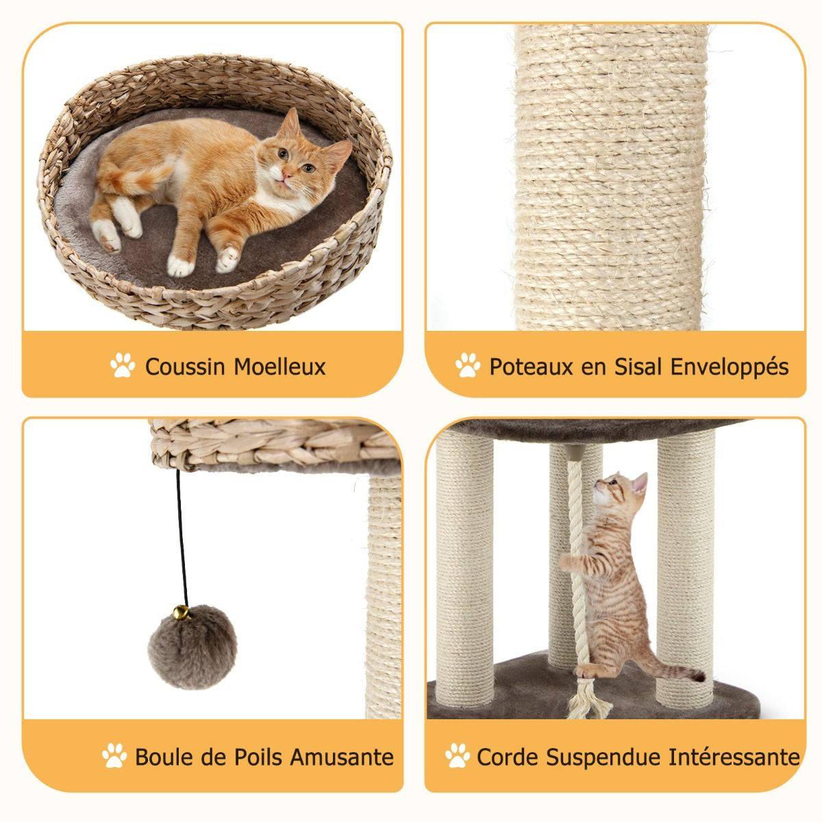 Arbre À Chat 45 X 45 X 104 CM Avec Pompon Suspendu Corde Et Griffoirs Enveloppés De Sisal Naturel Pour Chat/Chaton