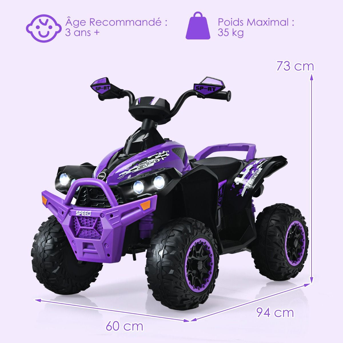 Quad Electrique Pour Enfants 12V7Ah LED Musique Pédale Klaxon 3-4 Km/H Pour Enfants De 3 À 8 Ans Rose/Bleu/Violet/Noir