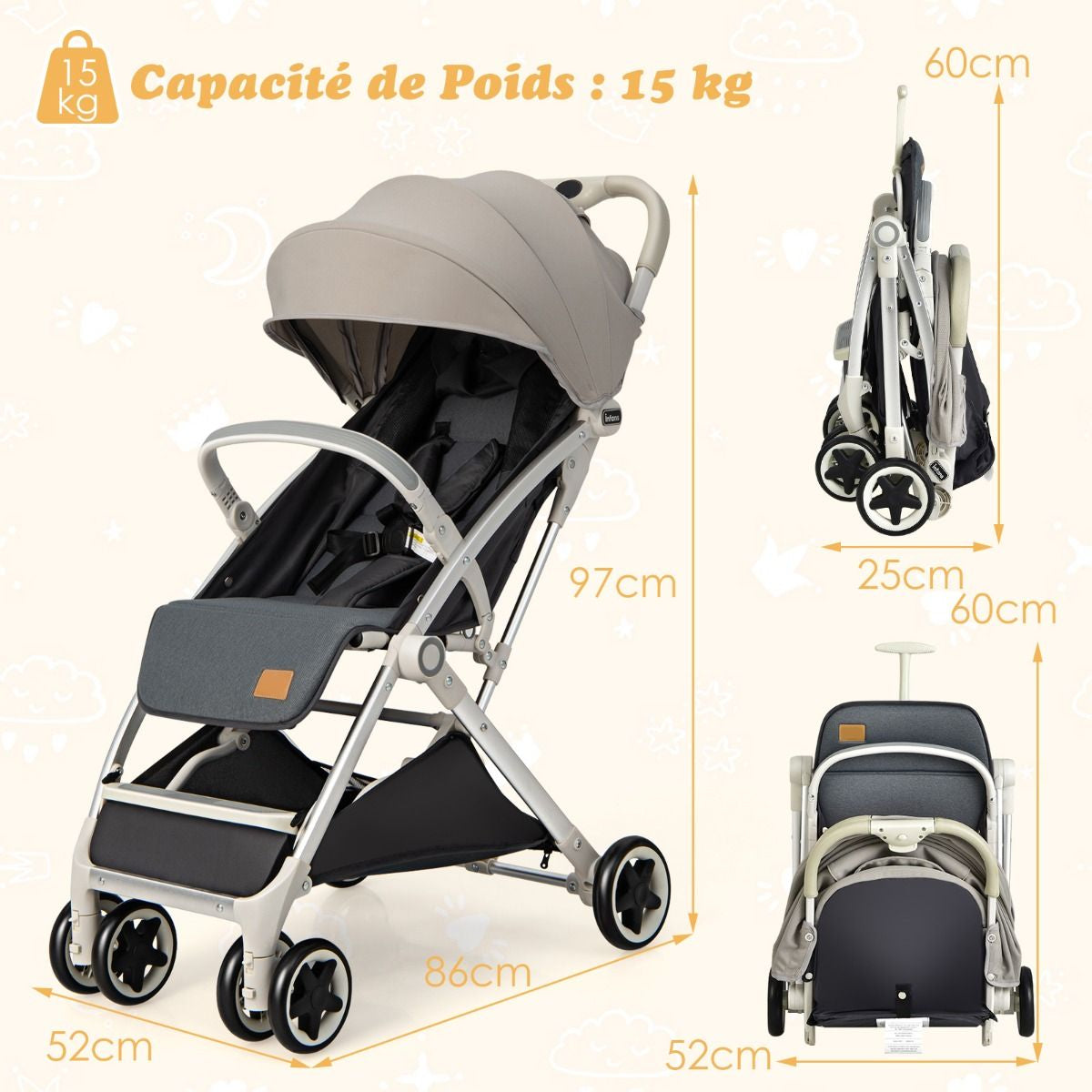 Poussette De Voyage Pour Bébé Avec Pare-Soleil Inclinable Porte-Gobelet Harnais 5 Points Dossier Réglable Chancelière Rangement Inférieur Gris/Noir