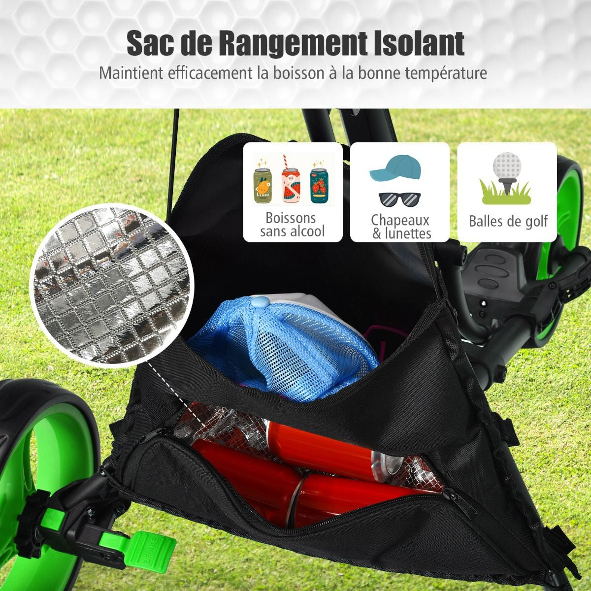 Chariot De Golf Pliable À 3 Roues Sangle Elastique Porte-Parasol Réglable Et Porte-Gobelet Sac Recouvert D'Aluminium Bleu/Gris/Rouge/Vert