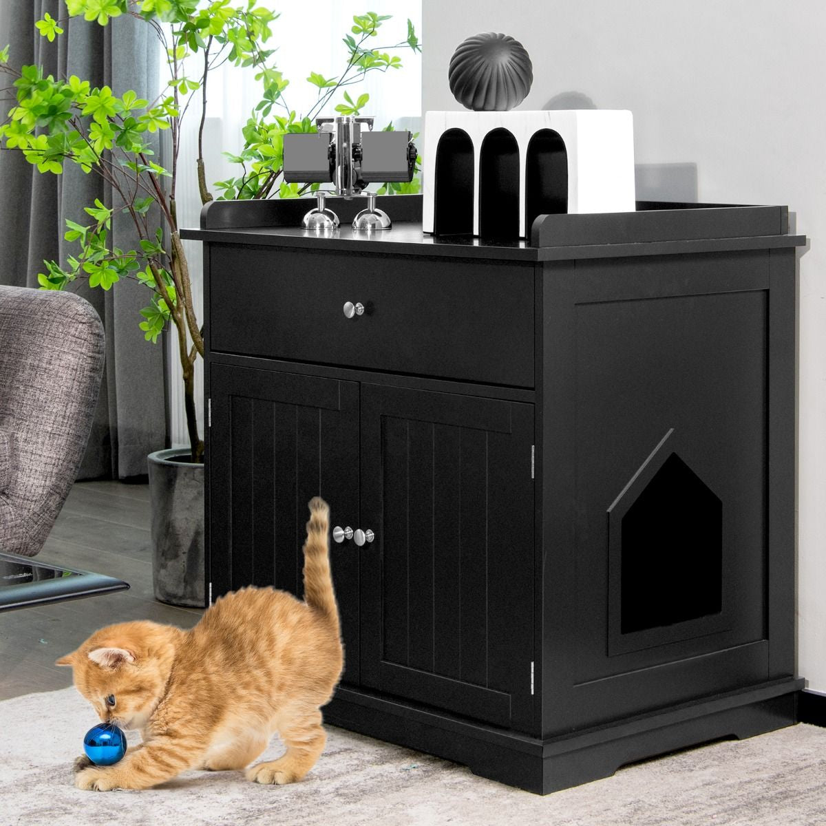 Enceinte De Bac À Litière Pour Chat Meubles De Toilette Cachés Pour Chat Avec Tiroir Et 2 Portes Table D'Appoint Pour Chat Blanc/Noir