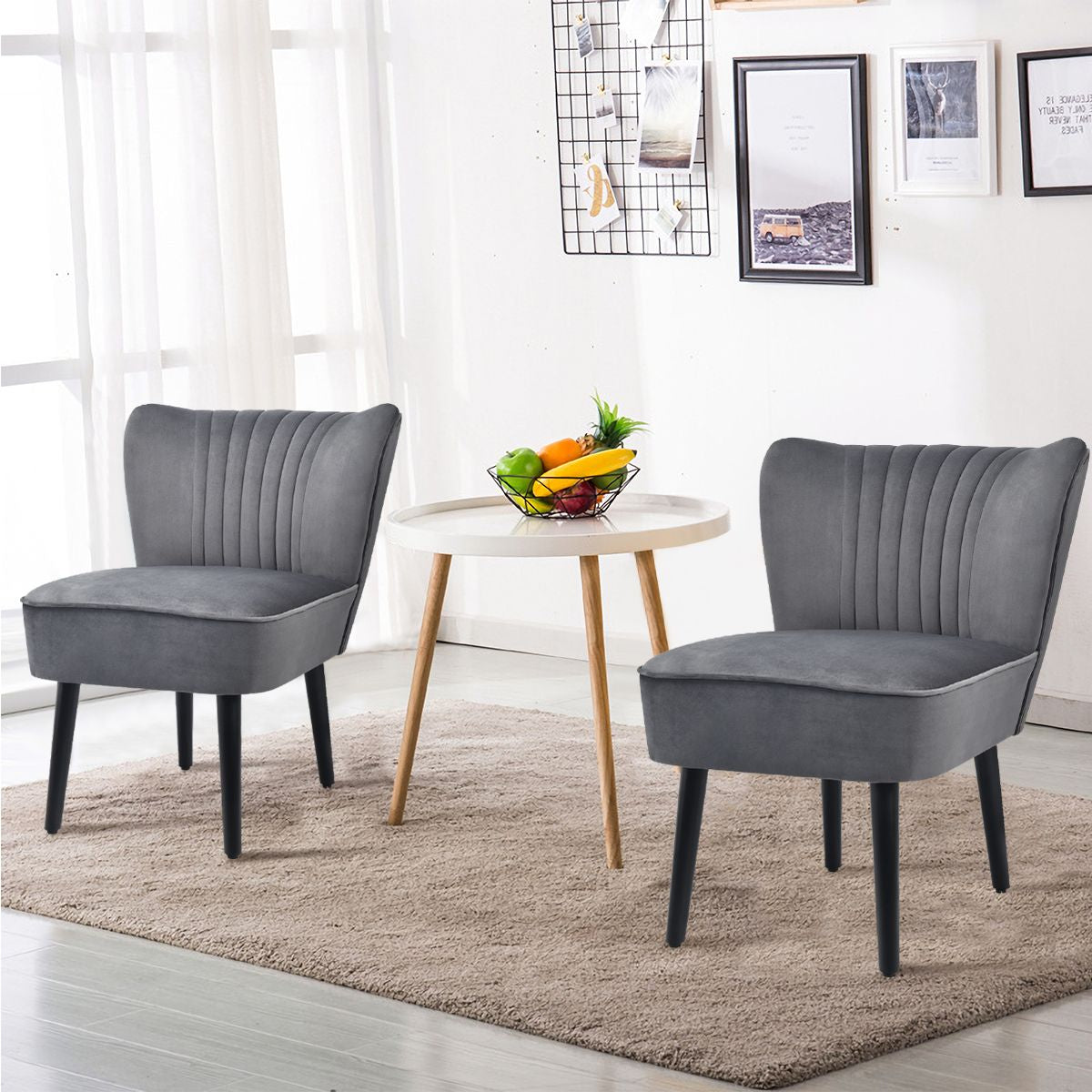 Lot De 2 Chaises D'Appoint En Velours Moderne Pieds En Bois De Caoutchouc Repose-Pieds Antidérapants Dossier Ergonomique Siège Rembourré Gris