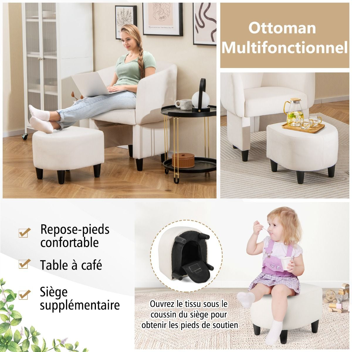 Fauteuil Tonneau Rembourré En Velours Avec Repose-Pieds Fauteuil D'Appoint Avec Pouf Cadre En Bois Massif Patins Beige/Gris