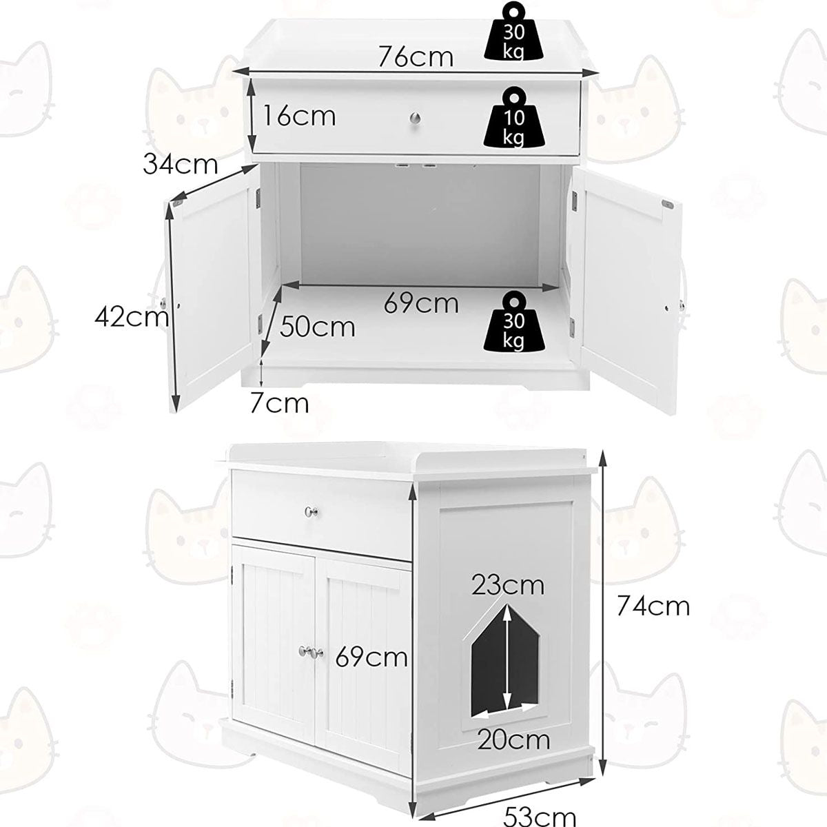 Enceinte De Bac À Litière Pour Chat Meubles De Toilette Cachés Pour Chat Avec Tiroir Et 2 Portes Table D'Appoint Pour Chat Blanc/Noir