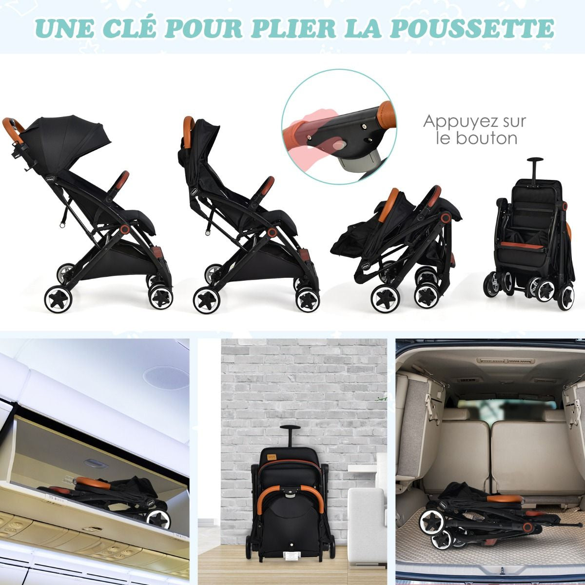 Poussette De Voyage Pour Bébé Avec Pare-Soleil Inclinable Porte-Gobelet Harnais 5 Points Dossier Réglable Chancelière Rangement Inférieur Gris/Noir