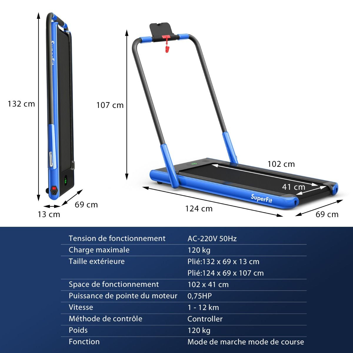 Tapis De Course Pliable 2 En 1 Tapis Roulant Électrique Motorisé 1-12 KM/H Avec Télécommande Écran LED 7 Couleurs Aux Choix