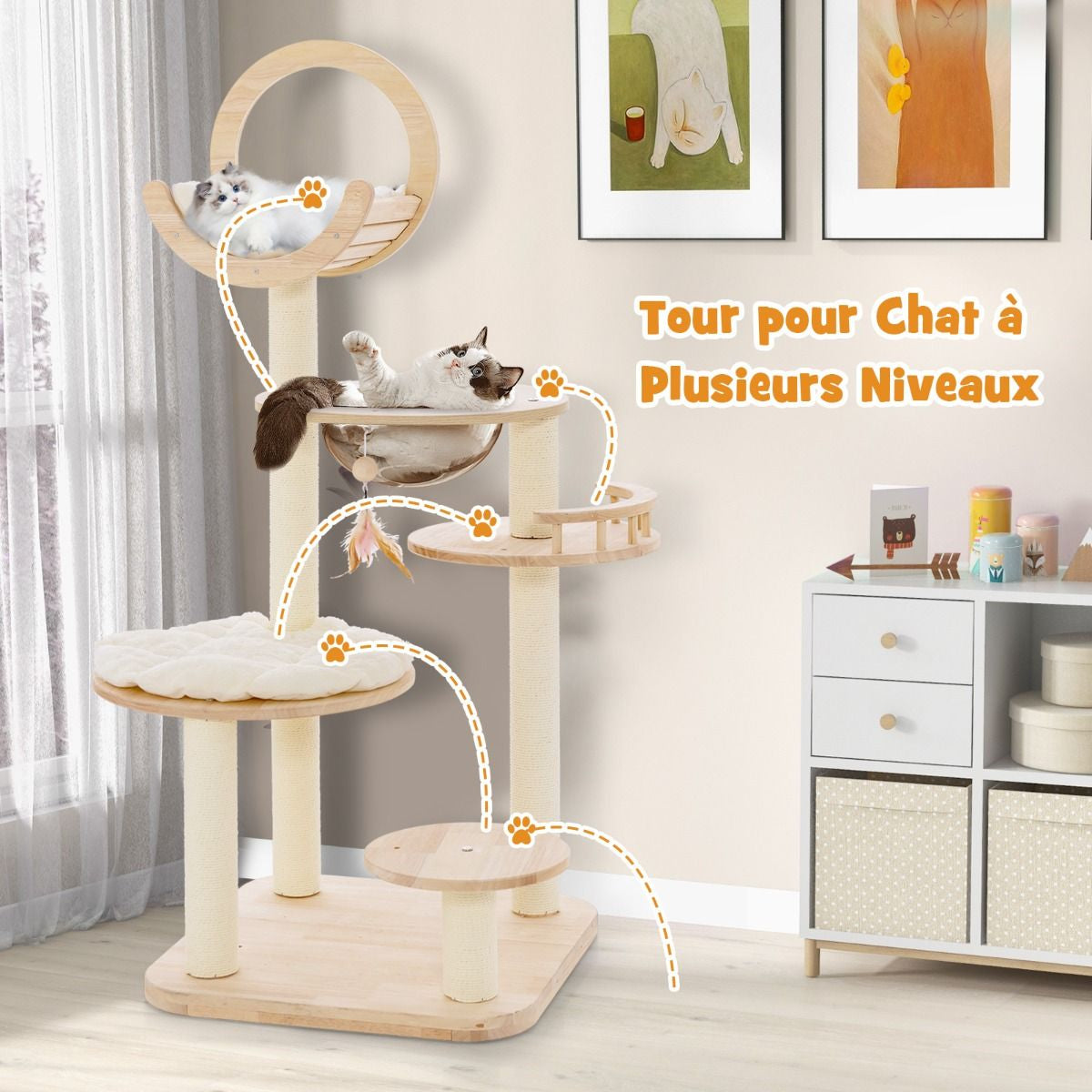 Arbre À Chat 146 Cm En Blocs De Construction Tour À Chat En Bois Chêne 4 En 1 Avec Condo & Hublot Griffoir En Sisal Plateforme Rembourrée