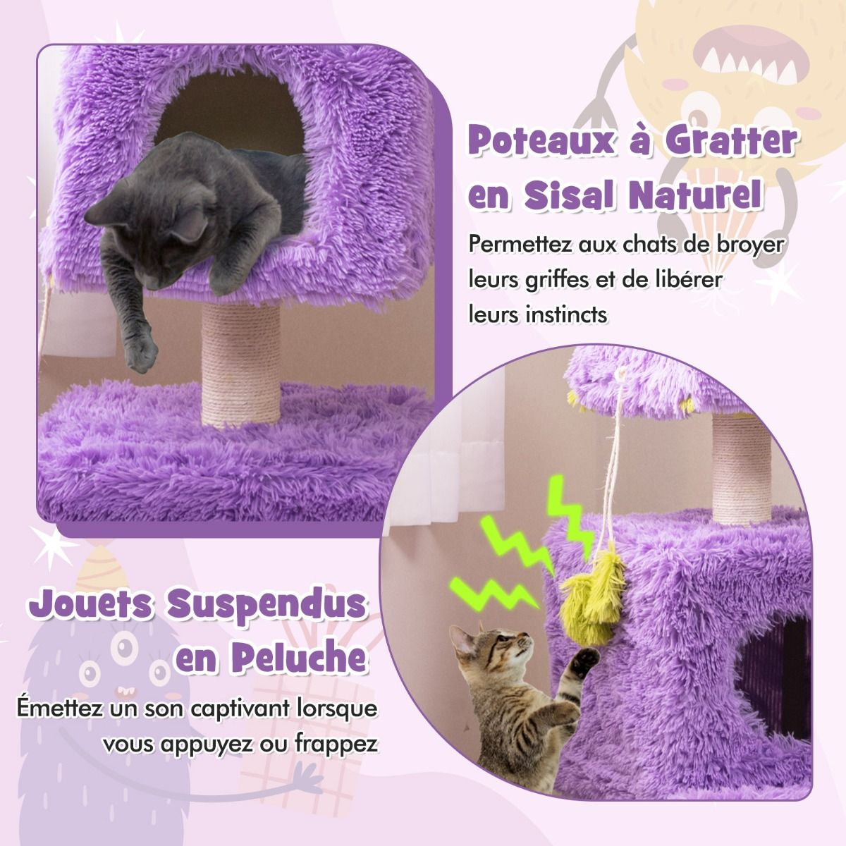 Arbre À Chat Originale Sur Le Thème Des Monstres Avec 2 Condos Privés Peluche Douce Griffoir En Sisal Jouets Suspendus Violet