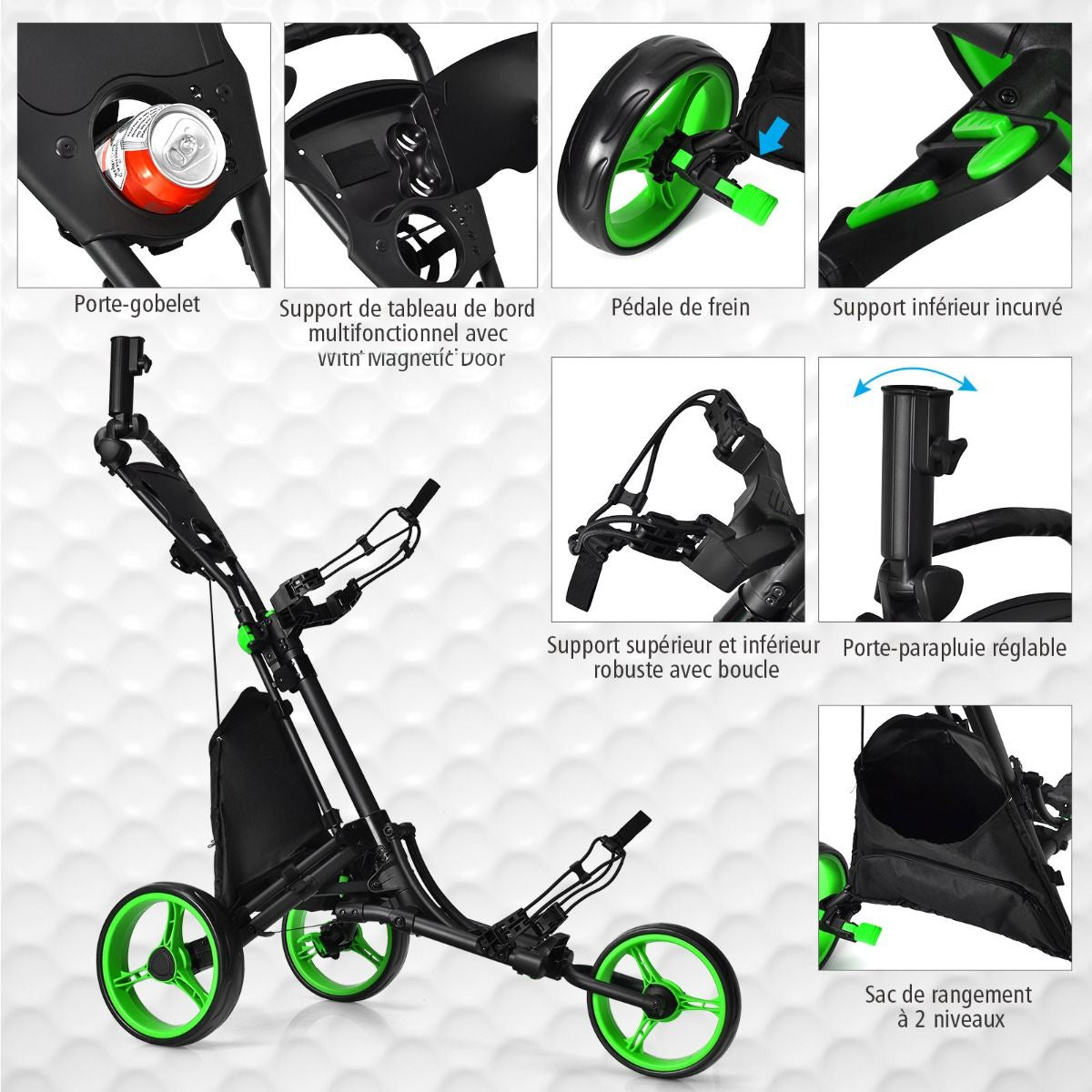 Chariot De Golf Pliable À 3 Roues Sangle Elastique Porte-Parasol Réglable Et Porte-Gobelet Sac Recouvert D'Aluminium Bleu/Gris/Rouge/Vert