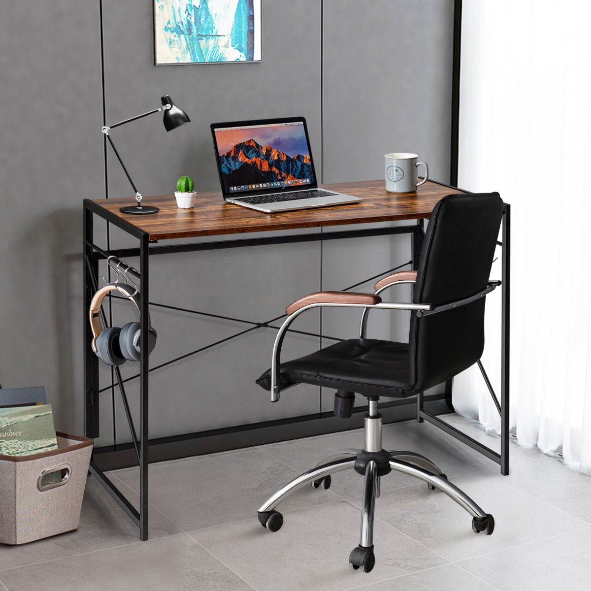Bureau D'Ordinateur Pliant 100X50X75 Cm Table De Bureau Cadre En Métal 6 Crochets En Forme De S Style Industriel Capacité 115Kg Noir/Café/Marron