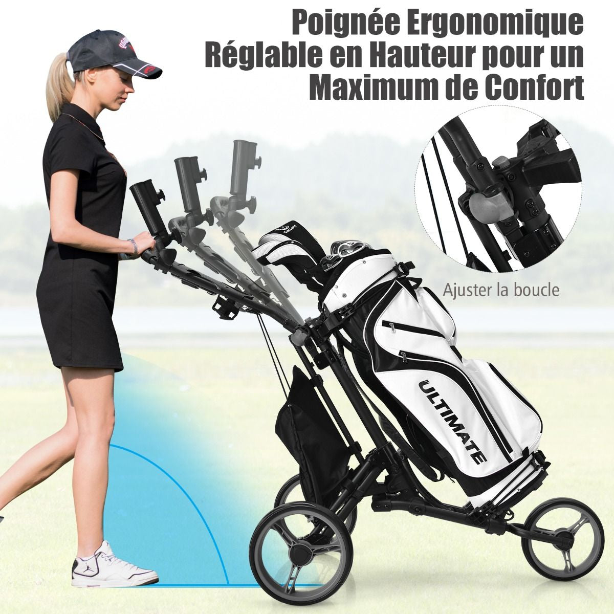 Chariot De Golf Pliable À 3 Roues Sangle Elastique Porte-Parasol Réglable Et Porte-Gobelet Sac Recouvert D'Aluminium Bleu/Gris/Rouge/Vert