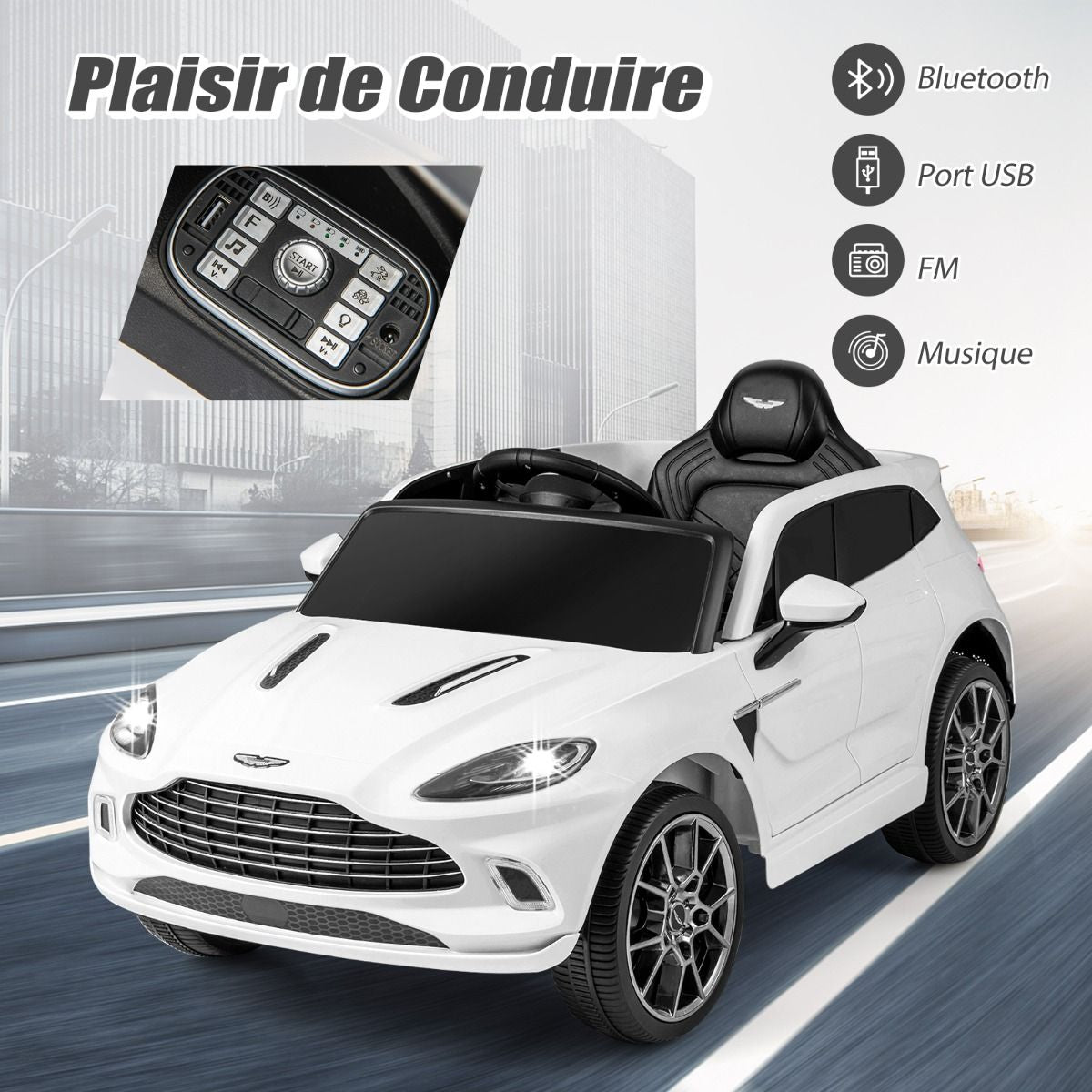Aston Martin DBX Voiture Electrique 12V Enfants Avec Télécommande 2,4G Véhicule Moderne Avec Lumières LED Et Musique Pour 3-8 Ans Rose/Blanc