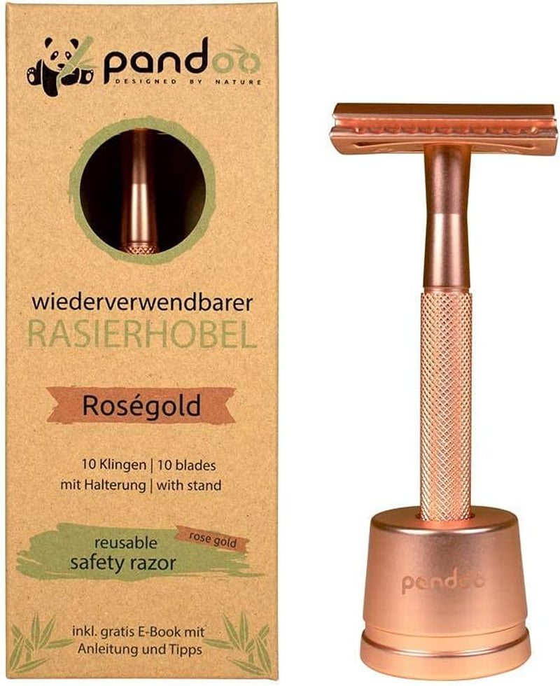 Pandoo Zero Waste Rasoir De Sûreté, Avec Support, En Métal, Sans Plastique, Humide, Pour Homme Et Femme, Rose