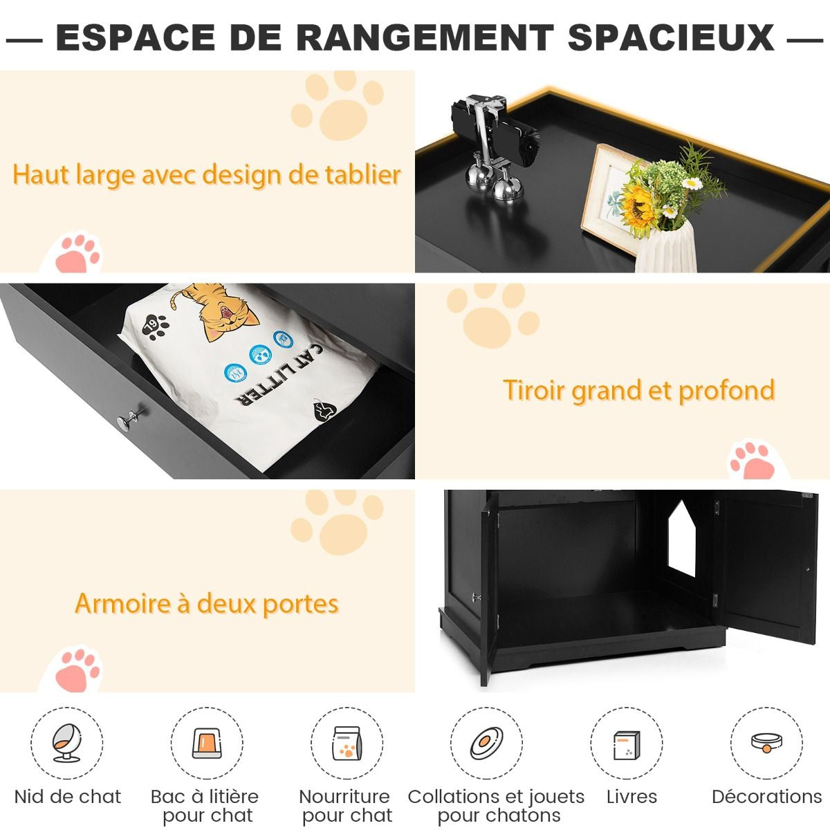 Enceinte De Bac À Litière Pour Chat Meubles De Toilette Cachés Pour Chat Avec Tiroir Et 2 Portes Table D'Appoint Pour Chat Blanc/Noir