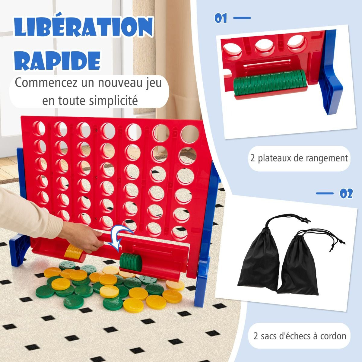Jeux Puissance 4 Géant Mural Avec 42 Jetons Jeu De Société Ludique & Éducatif Avec 2 Plateaux Utilisation 62X20X48,5Cm Bleu/Rouge