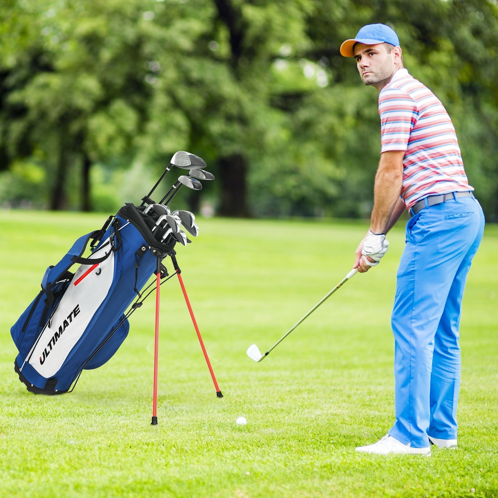 Ensemble De Clubs De Golf 9 Pièces Pour Débutant Avec Sac Trépied Conception Ergonomiqu En Métal Robuste Bleu/Gris/Noir