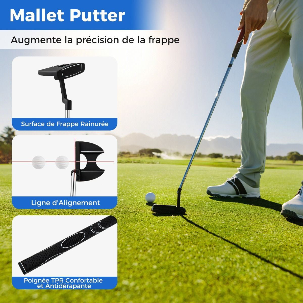 Ensemble De Clubs De Golf 9 Pièces Pour Débutant Avec Sac Trépied Conception Ergonomiqu En Métal Robuste Bleu/Gris/Noir