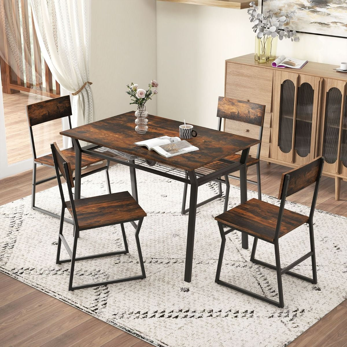 Ensemble De Table À Manger 5 Pièces Table De Cuisine Rectangulaire Industrielle Avec 4 Chaises Étagère De Rangement Cadre En Métal Ensemble Marron Rustique/Gris