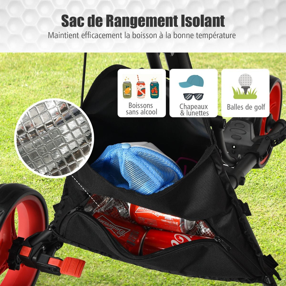 Chariot De Golf Pliable À 3 Roues Sangle Elastique Porte-Parasol Réglable Et Porte-Gobelet Sac Recouvert D'Aluminium Bleu/Gris/Rouge/Vert