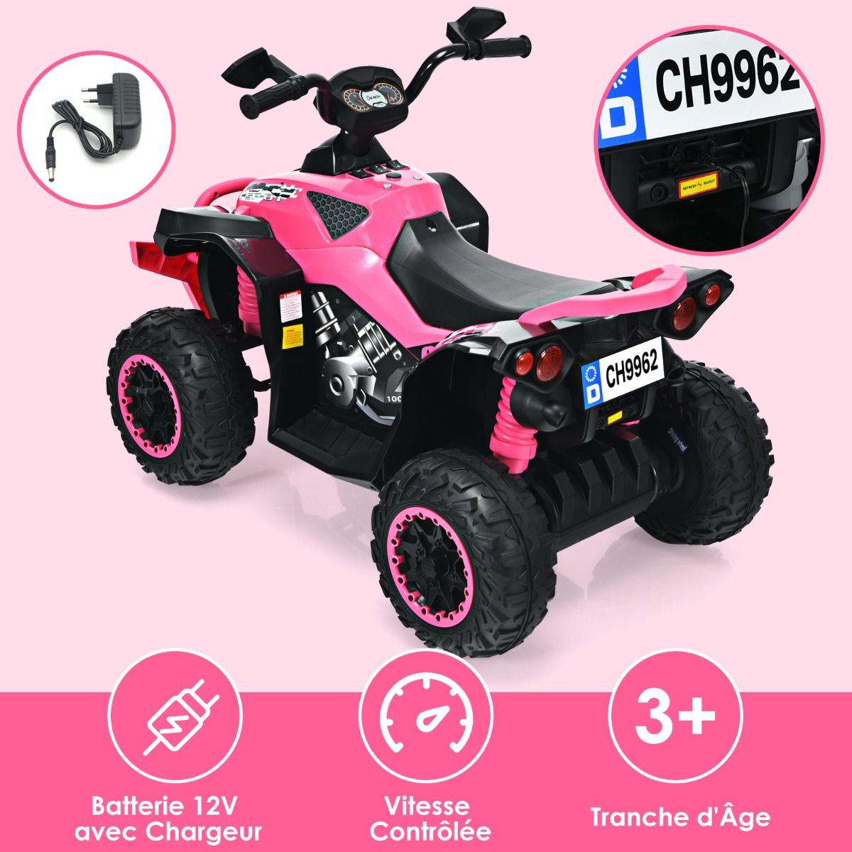 Quad Electrique Pour Enfants 12V7Ah LED Musique Pédale Klaxon 3-4 Km/H Pour Enfants De 3 À 8 Ans Rose/Bleu/Violet/Noir