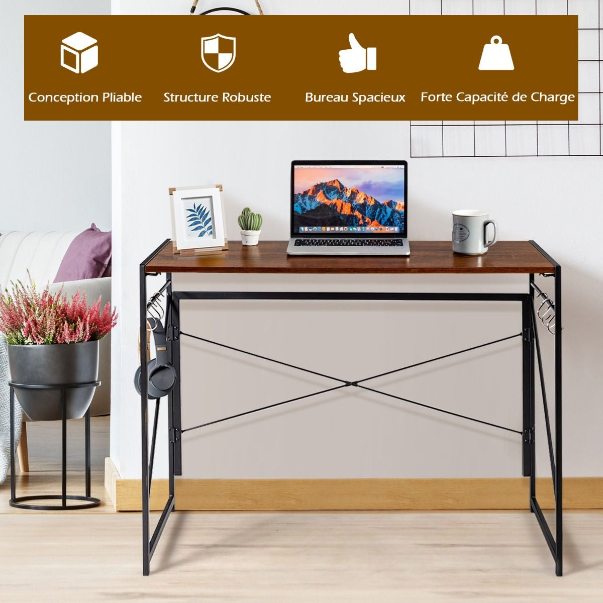 Bureau D'Ordinateur Pliant 100X50X75 Cm Table De Bureau Cadre En Métal 6 Crochets En Forme De S Style Industriel Capacité 115Kg Noir/Café/Marron