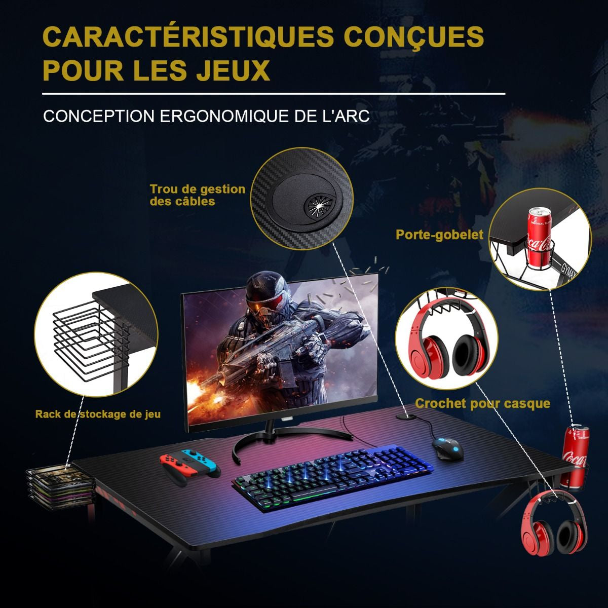 Bureau Gamer Bureau De Jeu Pour Gaming Avec Stockage Vidéo Porte-Gobelet Et Crochet 115 X 73 X 76,5 CM