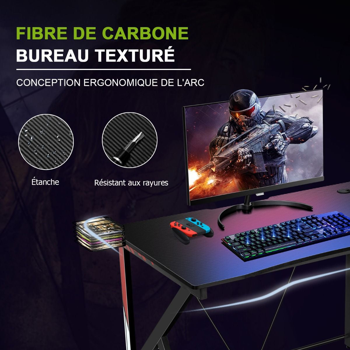 Bureau Gamer Bureau De Jeu Pour Gaming Avec Stockage Vidéo Porte-Gobelet Et Crochet 115 X 73 X 76,5 CM