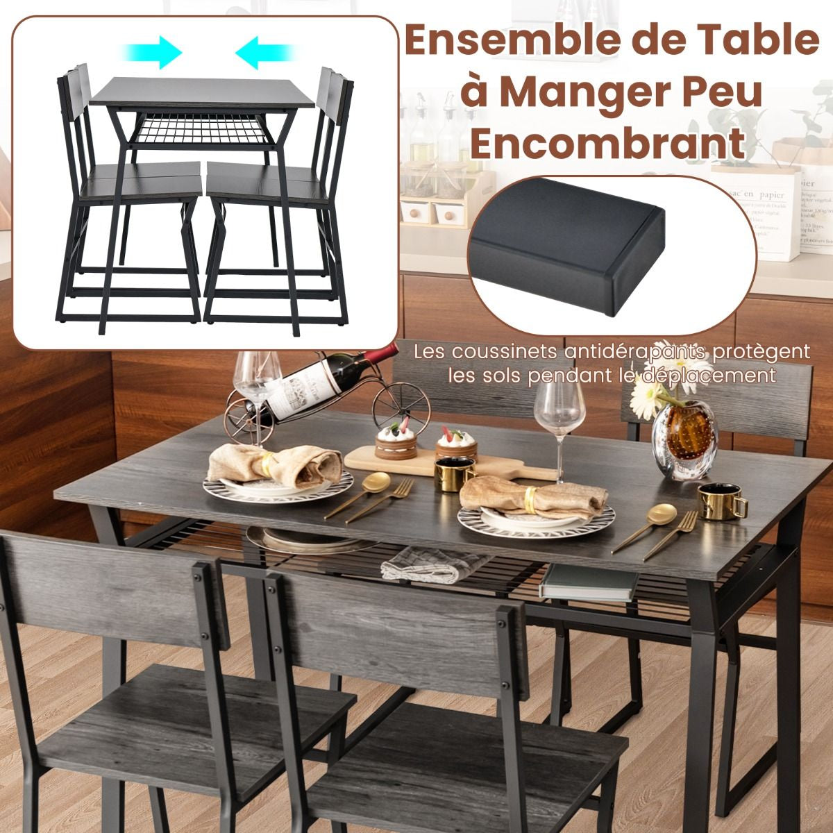 Ensemble De Table À Manger 5 Pièces Table De Cuisine Rectangulaire Industrielle Avec 4 Chaises Étagère De Rangement Cadre En Métal Ensemble Marron Rustique/Gris