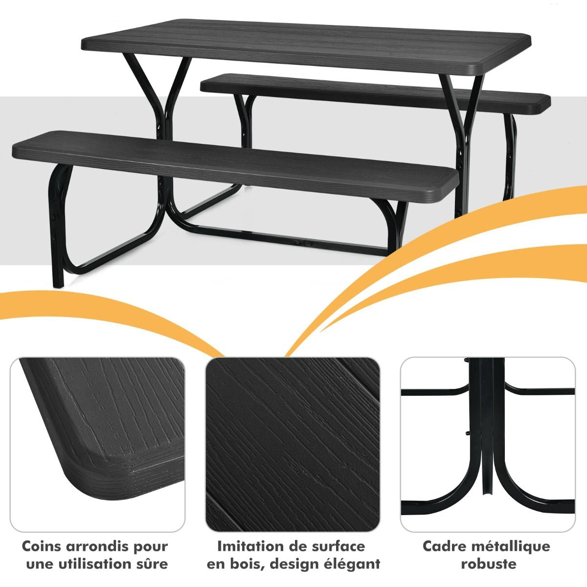 Table De Jardin Avec 2 Banc Table De Pique-Nique/Camping Pour 4 À 6 Personnes 137 X 150 X 71Cm Noir/Gris/Blanc
