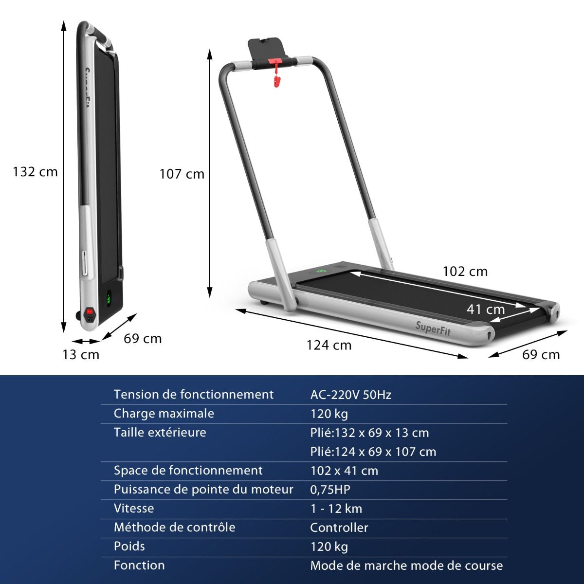 Tapis De Course Pliable 2 En 1 Tapis Roulant Électrique Motorisé 1-12 KM/H Avec Télécommande Écran LED 7 Couleurs Aux Choix