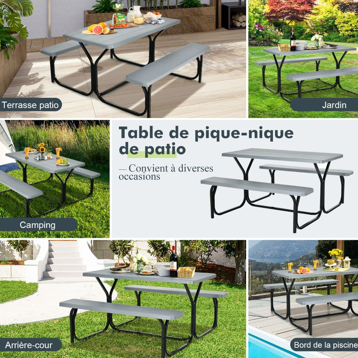 Table De Jardin Avec 2 Banc Table De Pique-Nique/Camping Pour 4 À 6 Personnes 137 X 150 X 71Cm Noir/Gris/Blanc