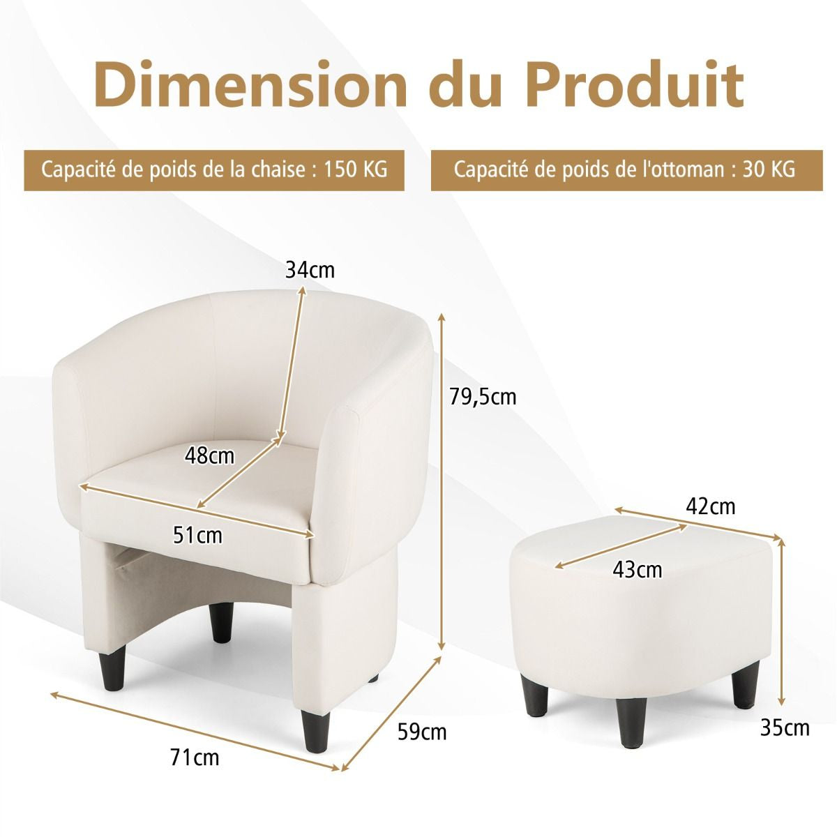 Fauteuil Tonneau Rembourré En Velours Avec Repose-Pieds Fauteuil D'Appoint Avec Pouf Cadre En Bois Massif Patins Beige/Gris