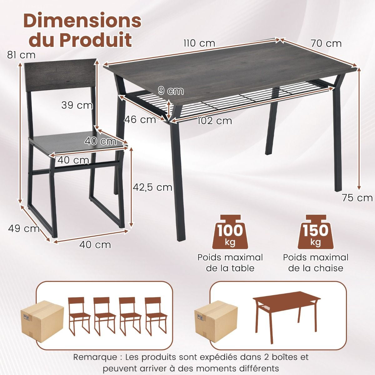 Ensemble De Table À Manger 5 Pièces Table De Cuisine Rectangulaire Industrielle Avec 4 Chaises Étagère De Rangement Cadre En Métal Ensemble Marron Rustique/Gris
