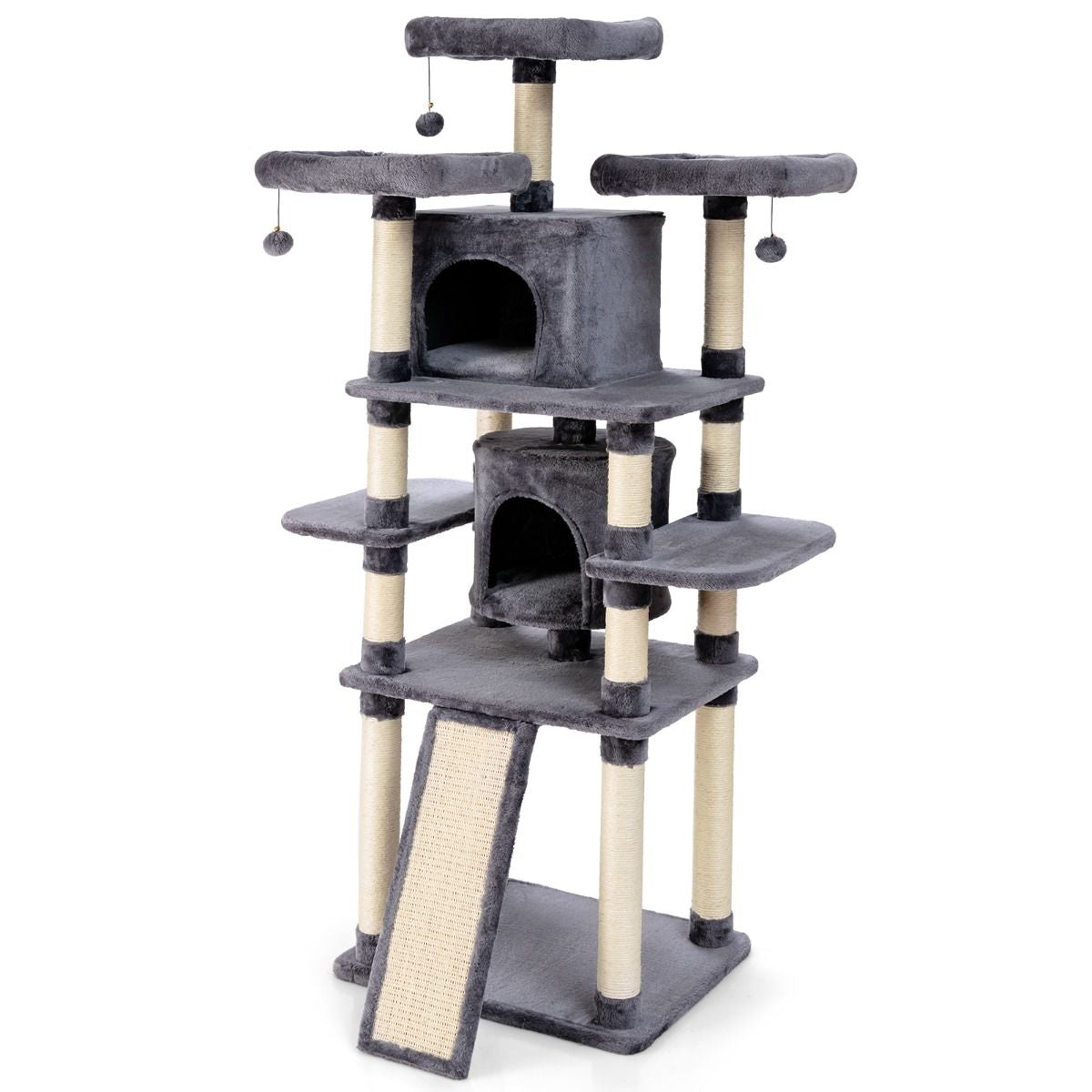 Arbre À Chat Griffoir 60X50X170 Cm Avec Poteaux Planche À Gratter 3 Perchoirs En Peluche 2 Niches 3 Peluches Suspendues