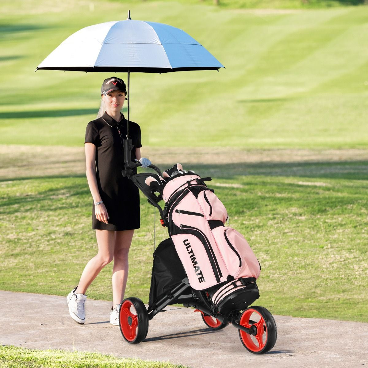 Chariot De Golf Pliable À 3 Roues Sangle Elastique Porte-Parasol Réglable Et Porte-Gobelet Sac Recouvert D'Aluminium Bleu/Gris/Rouge/Vert